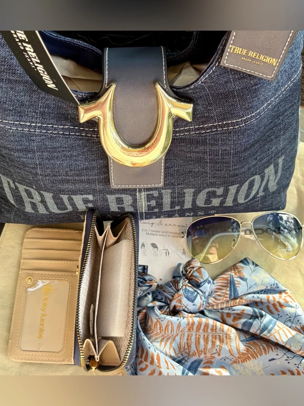 NWT TRUE RELIGION Denim Hobo Bag , Denim Wallet, Jessica S. Sunglasses & Scarf